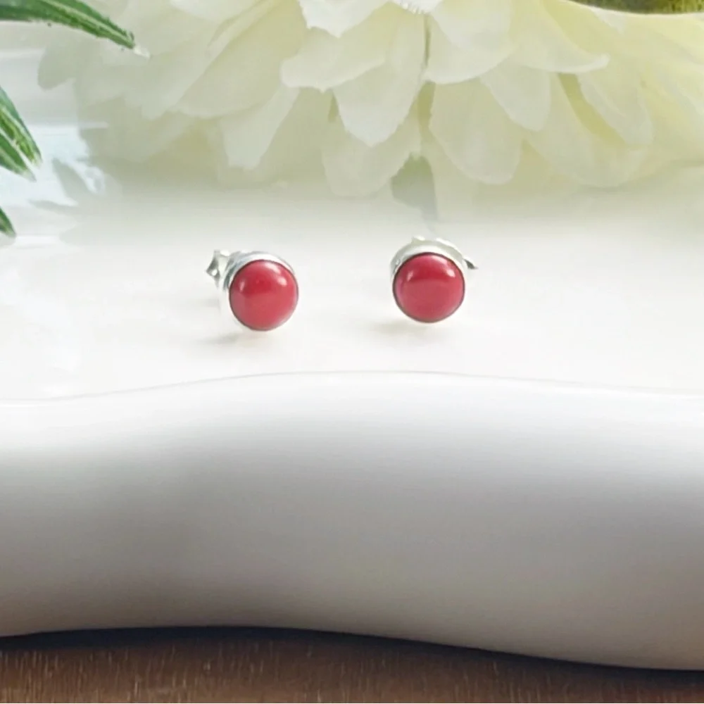 Red Coral Earrings Pure Sterling Silver 925 Gemstone Stud Post Push Back Round - Picture 3 of 8